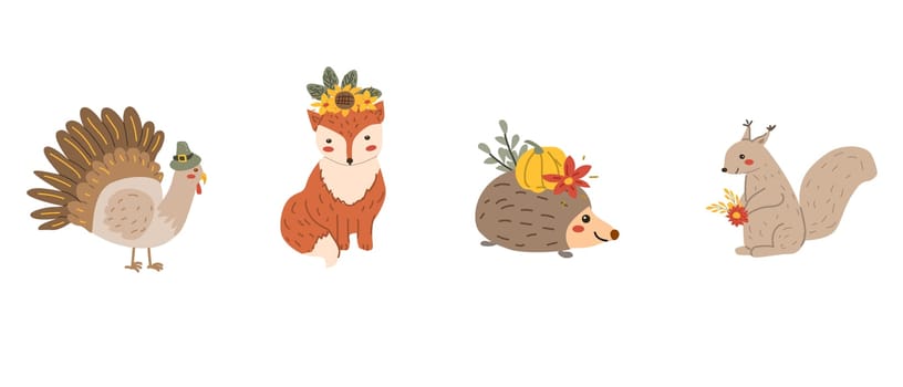 Autumn fall thanksgiving animal character with fall leaves and harvest. Wild animal greeting card for thanksgiving holiday, autumn festival, harvest celebration design.