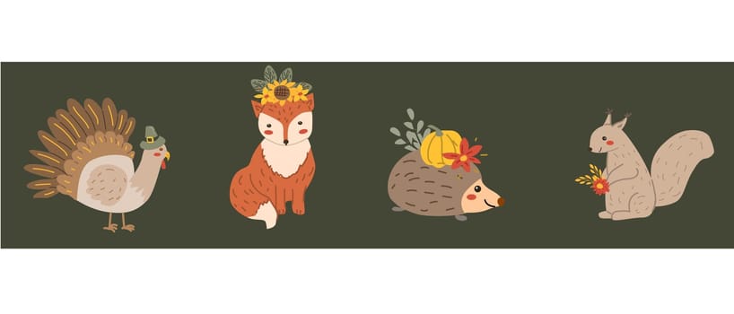 Autumn fall thanksgiving animal character with fall leaves and harvest. Wild animal greeting card for thanksgiving holiday, autumn festival, harvest celebration design.