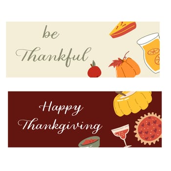 Autumn fall thanksgiving day banner or greeting card with leaves. Celebration design for harvest festival, thanks with food and flower autumn border. Fall thanksgiving day background.