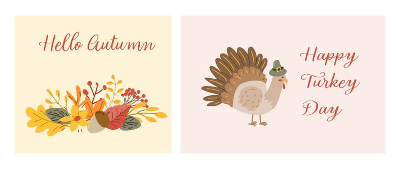 Autumn fall thanksgiving animal character with fall leaves and harvest. Wild animal greeting card for thanksgiving holiday, autumn festival, harvest celebration design.