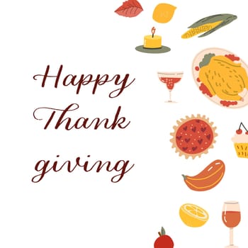 Autumn fall thanksgiving day banner or greeting card with leaves. Celebration design for harvest festival, thanks with food and flower autumn border. Fall thanksgiving day background.