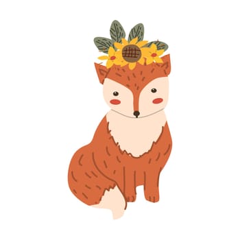 Autumn fall thanksgiving animal character with fall leaves and harvest. Wild animal greeting card for thanksgiving holiday, autumn festival, harvest celebration design.