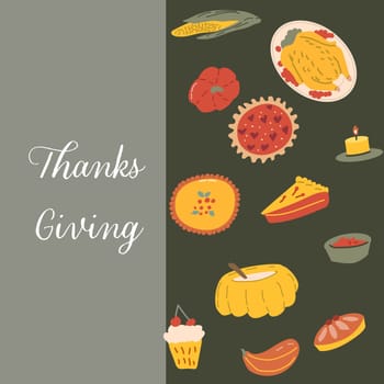 Autumn fall thanksgiving day banner or greeting card with leaves. Celebration design for harvest festival, thanks with food and flower autumn border. Fall thanksgiving day background.