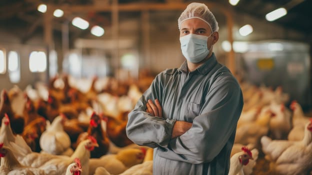 Bird flu virus outbreak, farmer with chicken, Avian influenza, infectious disease spreading to mammals and humans, sick animals