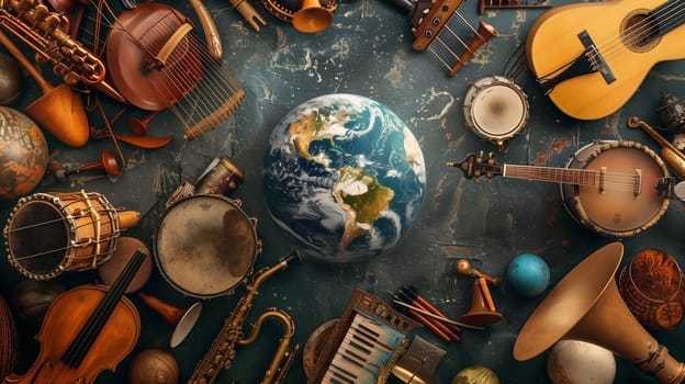 Planet earth with instruments, international music day, listening to global sound and acoustic wave, guitar, piano and drums