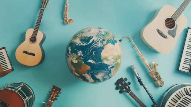 Planet earth with instruments, international music day, listening to global sound and acoustic wave, guitar, piano and drums