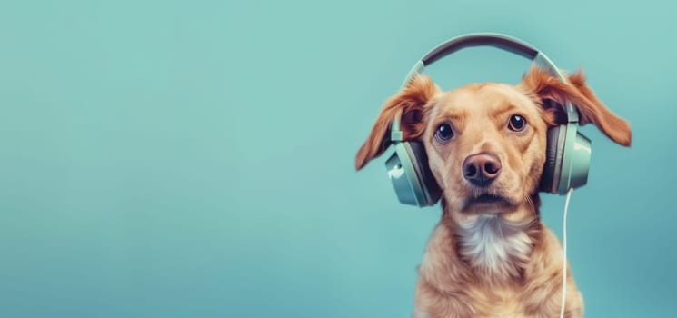 Dog with headphone, listening to sound and acoustic wave, love and emotion, funny animal, blue background, international music day