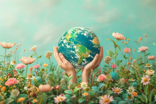 Hand holding planet earth surrounded by flowers, green deal, protect nature, sustainable lifestyle, ecology and environment