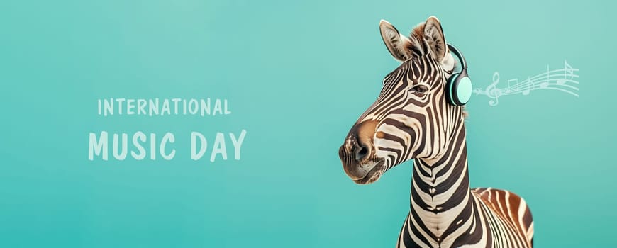 Zebra with headphone, international music day, listening to sound and acoustic wave, love and emotion, funny animal, blue background