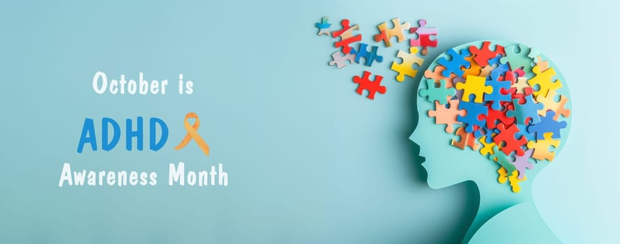 ADHD awareness month october, attention deficit hyperactivity disorder, mental health, head of a child with colorful jigsaw or puzzle pieces