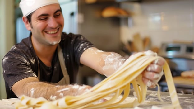 Man preparing traditional italian pasta, dough for spaghetti or noodles, homemade mediterranean food
