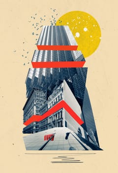 Collage of fragments of buildings. New York City Manhattan view with skyscrapers against sky. Collage or modern art design