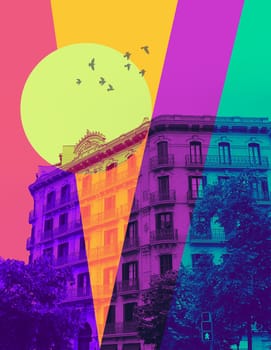 Facade of an old apartment building in the Barcelona, Catalonia, Spain at Europe - art collage or design