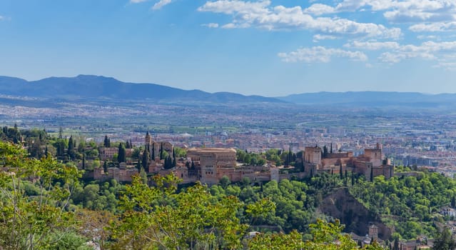 Alhambra palace with the Sierra Nevada in the background, Granada, Andalusia, Spain