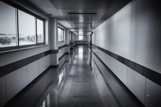 Detail of long hospital corridor, hygiene and sanitation