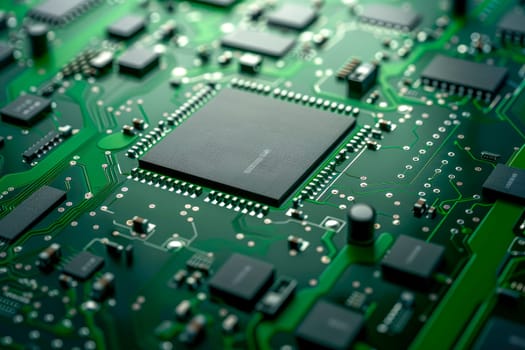 Green electronic circuit board. Printed Circuit Board with  electrical components close-up view. AI generated