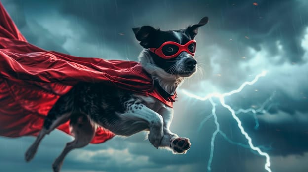 Superhero dog with a red cloak and eye mask flying in stormy sky with ligthnings. AI generated