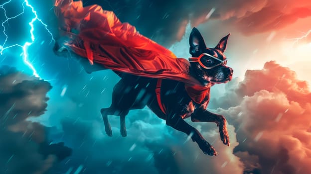 Superhero dog with a red cloak and eye mask flying in stormy sky. AI generated