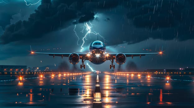 Passenger airplane landing on the runway with rain. AI generated