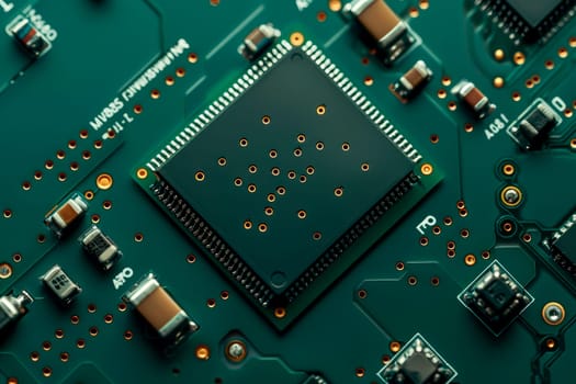 Green electronic circuit board close-up view. Printed Circuit Board with  electrical components. AI generated