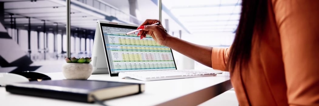 Computer Spreadsheet Data Analyst Woman Using Multiple Screens