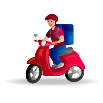 Food delivery service. A man on a scooter with a large bag on his back. Vector illustration.
