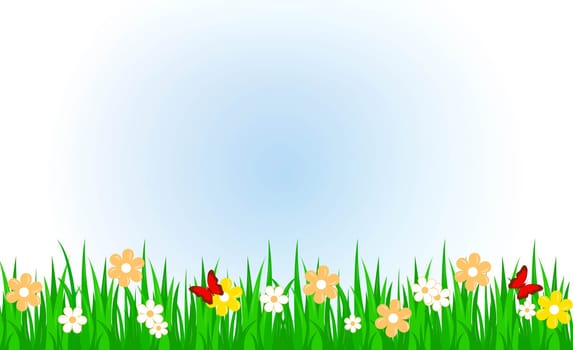 Universal nature background with grass, flowers, butterflies with copy space. Vector illustration.