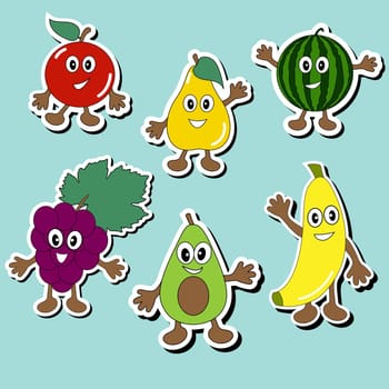 Set of stickers. Cartoon fruits. Vector illustration. Isolated objects.