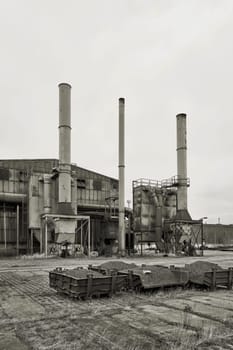 abandoned disused factory in the north of the city of Magdeburg in Germany, black and white