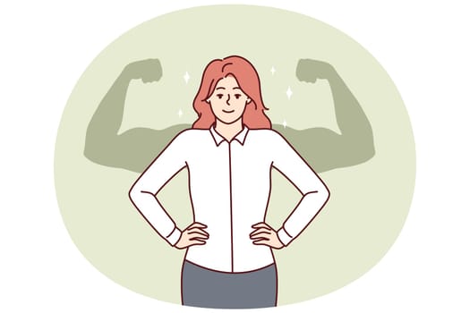 Successful businesswoman stands with hands on waist imagining giant muscular arms behind back. Businesswoman feels strength and leadership skills after gaining new knowledge or training for management