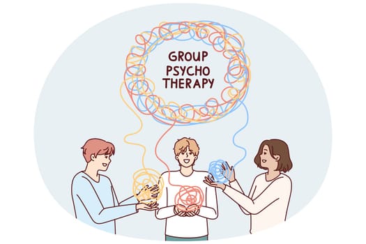 Men in group psychotherapy session trying to solve mental problems at psychiatrist appointment. People at psychotherapist consultation use group techniques for mental health treatment