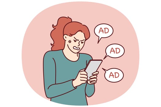 Woman is angry after receiving another promotional message from store using spam to attract new customers. Girl with tablet is nervous because of spam preventing from playing game or reading article