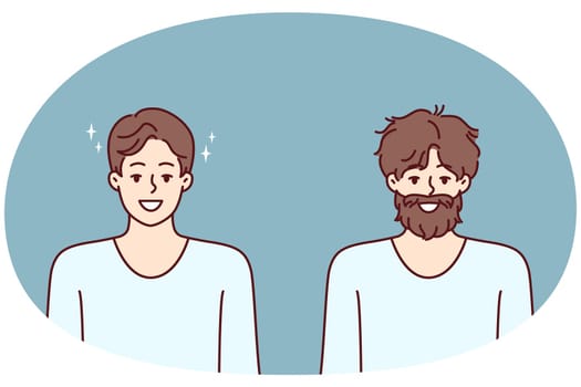 Man before and after going to barbershop to professional stylist for hair and beard care. Man smiles demonstrating result of visiting barbershop and using high-quality or shaving foam