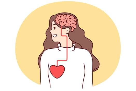 Woman looking away with visual demonstration of connection between brain and heart influencing person decision. Anatomical features of structure of body of woman for educational literature for doctors