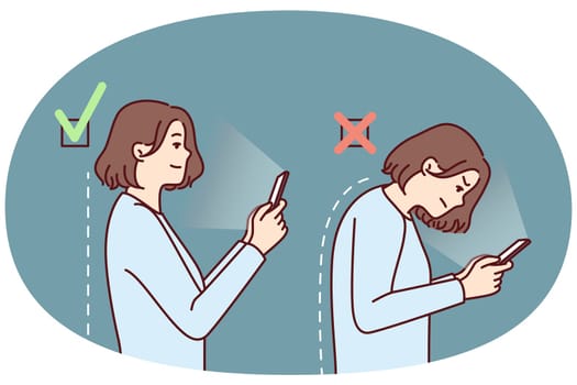 Girl with mobile phone demonstrates correct and incorrect posture while using applications. Woman with curvature of spine is hunched over due to poor posture and needs help of masseur or osteopath