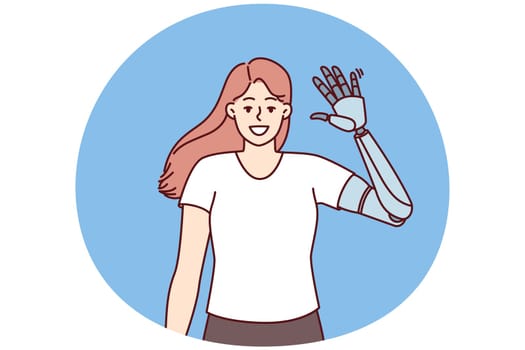 Happy girl waves prosthesis hand to demonstrate new mechanical robotic hand made on basis of innovative technologies. Woman who lost arm in car crash or in accident greets you with new prosthesis