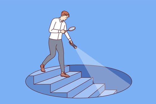 Man manager conducts in-depth analysis of business to find strategic advantages, going down stairs. Strategic analysis of risks and opportunities from analyst using flashlight and magnifying glass