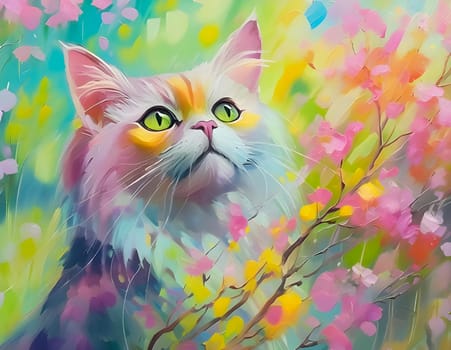 Selkirk Rex cat looks up from behind a twig, acrylic oil painting