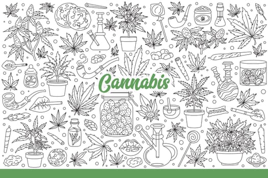 Cannabis in leaves or buds for smoking for relaxation or medical purposes. Products made from cannabis or marijuana sold in drug stores, along with tobacco pipes and hookahs. Hand drawn doodle