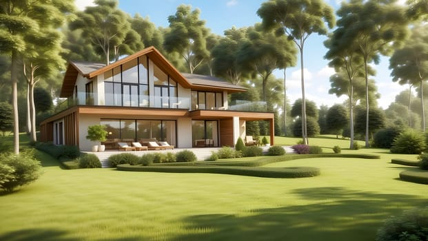 Modern, cozy house with garage for sale or rent with lots of grass on the lawn, among forest trees. Bright summer evening with soft sky. Cozy, warm light from the window