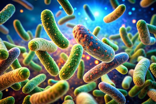 Detailed microscopic view of bacteria showcasing vibrant colors and intricate structures, perfect for scientific and educational purposes.