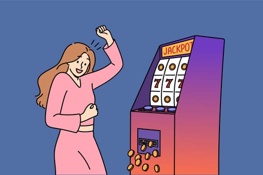 Woman won jackpot in slot machine with 777 on screen, celebrating luck tested in casino. Slot machine with money spilling out near girl vacationing in Las Vegas on summer vacation.