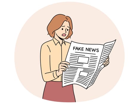 Newspaper with fake news in hands of woman reading false information from reporters using propaganda techniques to intimidate readers. Girl with newspaper with fake news frightened opens mouth
