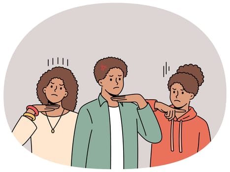 African american people make gesture of knife at throat in protest against discrimination and racism in society. Ethnic teenagers demonstrate indignation at discrimination for national minorities