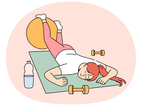 Exhausted woman in fitness room fell asleep on sports yoga mat and needs to rest after workout. Lazy girl sleeps in fitness club, not wanting to do athletics and listen to advice of personal trainer