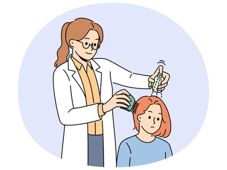 Girl with lice in hair at doctors appointment using spray and comb to treat and fight nits. Female doctor helps teenage patient get rid of lice that appeared due to violation of hygiene rules
