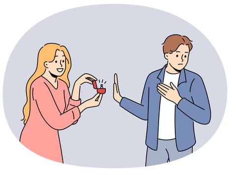 Man rejects offer to marry woman presenting diamond-studded engagement ring to boyfriend. Girl with wedding ring in box wants to marry guy she likes, but is refused due to excessive perseverance