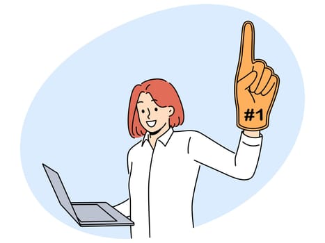 Woman leader with laptop and giant champion hand symbolizing success in internet career. Ambitious girl wants to become leader by working as freelancer through computer or creating online startup.