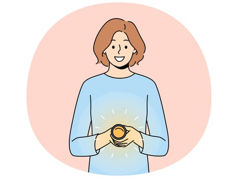 Woman with flashlight smiles and looks at screen recommending using device to light way. Young girl in casual clothes holds flashlight and shines into display calling attention to promotional offer.