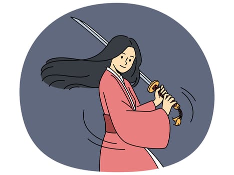 Woman samurai with katana knows asian martial arts and trains willing to compete. Long-haired samurai girl holding long sword is dressed in kimono for battles between japanese ninjas.